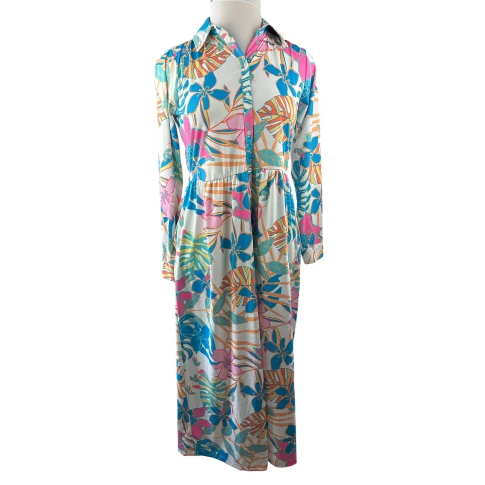 Tolani Long Sleeve Collared Maxi Dress W/ Pockets Tropical Print XS Oversized - Picture 2 of 14
